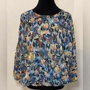 Liverpool Blue and Orange Feather Print Blouse